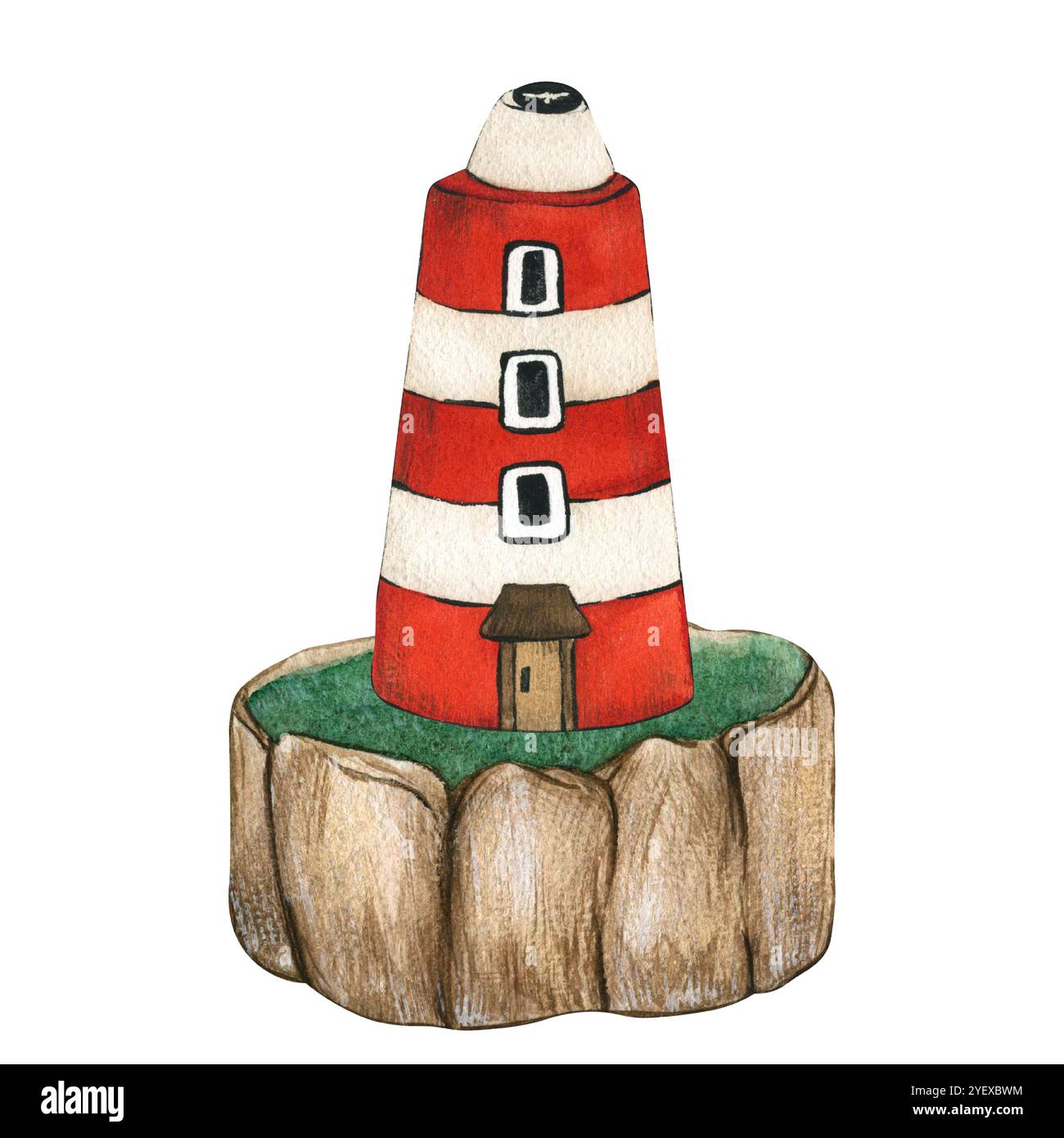 Phare rouge sur l'île. Élément Seascape isolé sur fond blanc. Illustration stylisée d'enfants à l'aquarelle dessinée à la main. Vieille mer Banque D'Images