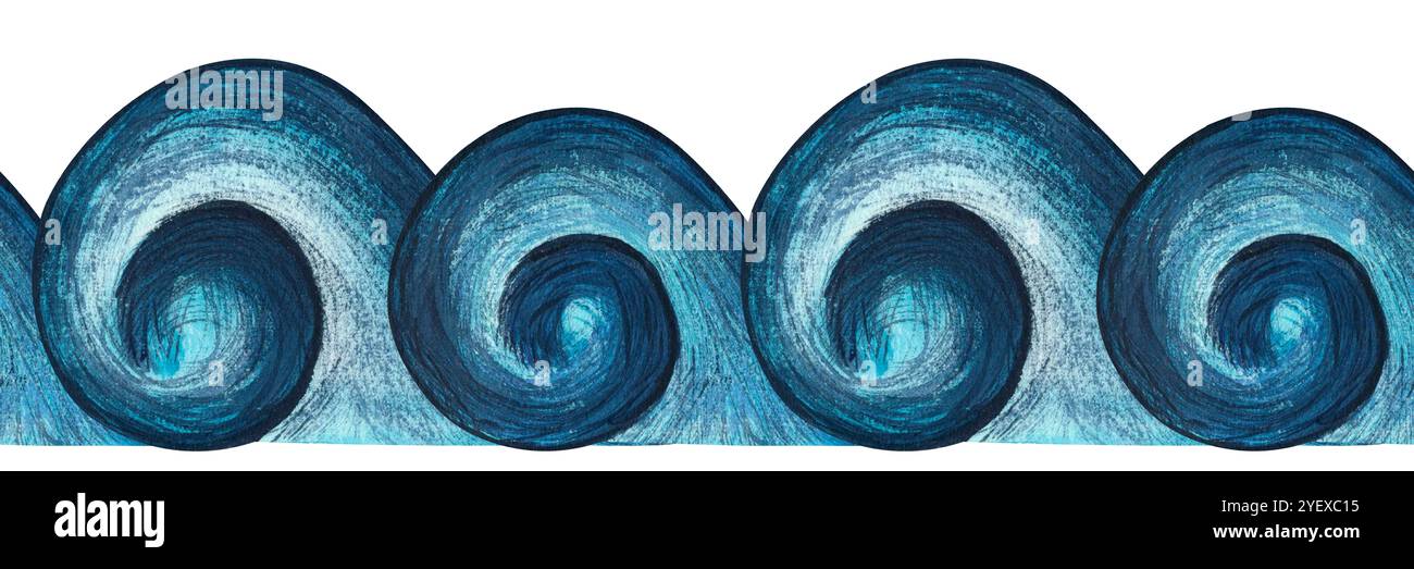 Bordure sans couture aquarelle avec des vagues bleues. Lignes de mer ondulées abstraites isolées sur fond blanc. Illustration dessinée à la main tempête dans l'océan pour desig Banque D'Images