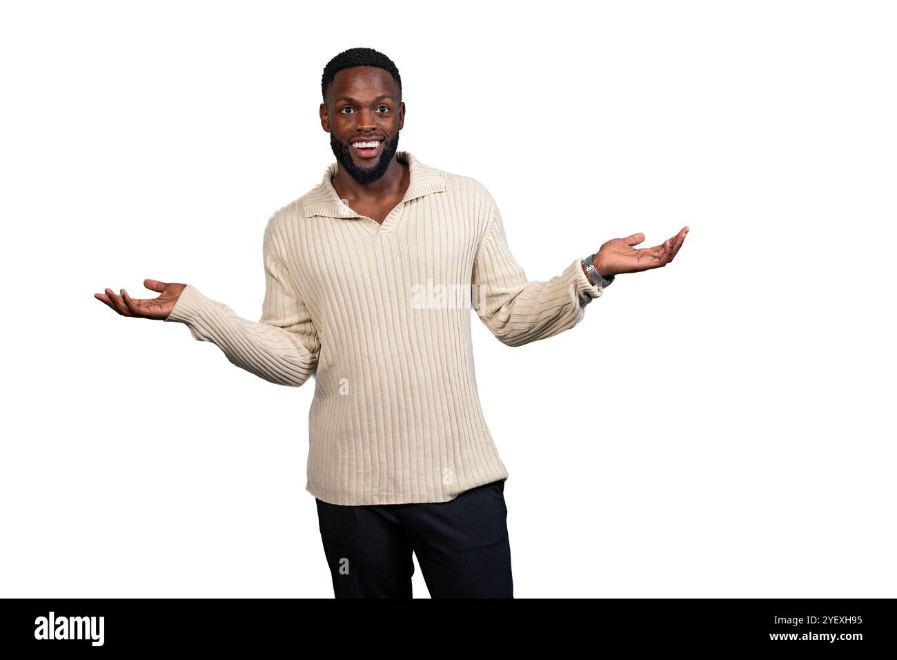 homme noir avec les bras tendus et les paumes vers le haut isolé sur fond Banque D'Images