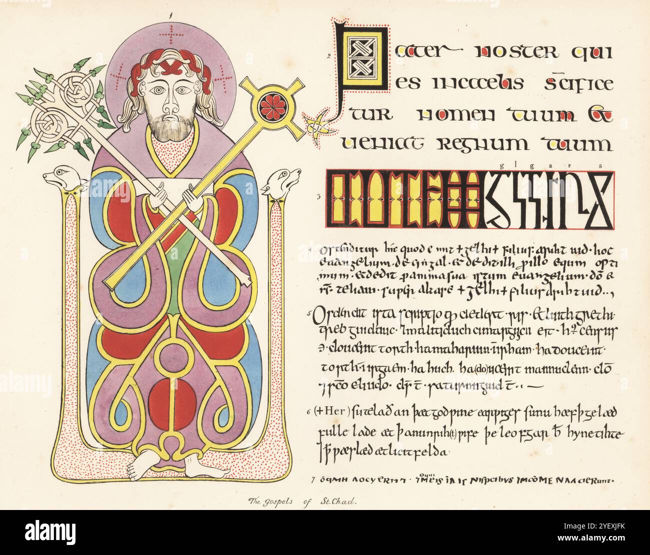 Evangiles de Saint-Tchad dans la cathédrale de Lichfield. Portrait de Saint Luc 1, prière du Seigneur 2, lettres singulières 3, entrée latine 4, entrée en langue anglaise 5, entrée anglo-saxonne 6 et entrée latine et grecque 7. Chromolithographie d'après une illustration par John Obadiah Westwood de sa propre Palaeographia Sacra Pictoria, étant une série d'illustrations des anciennes versions de la Bible, copiées à partir de manuscrits enluminés, William Smith, Londres, 1843. Banque D'Images