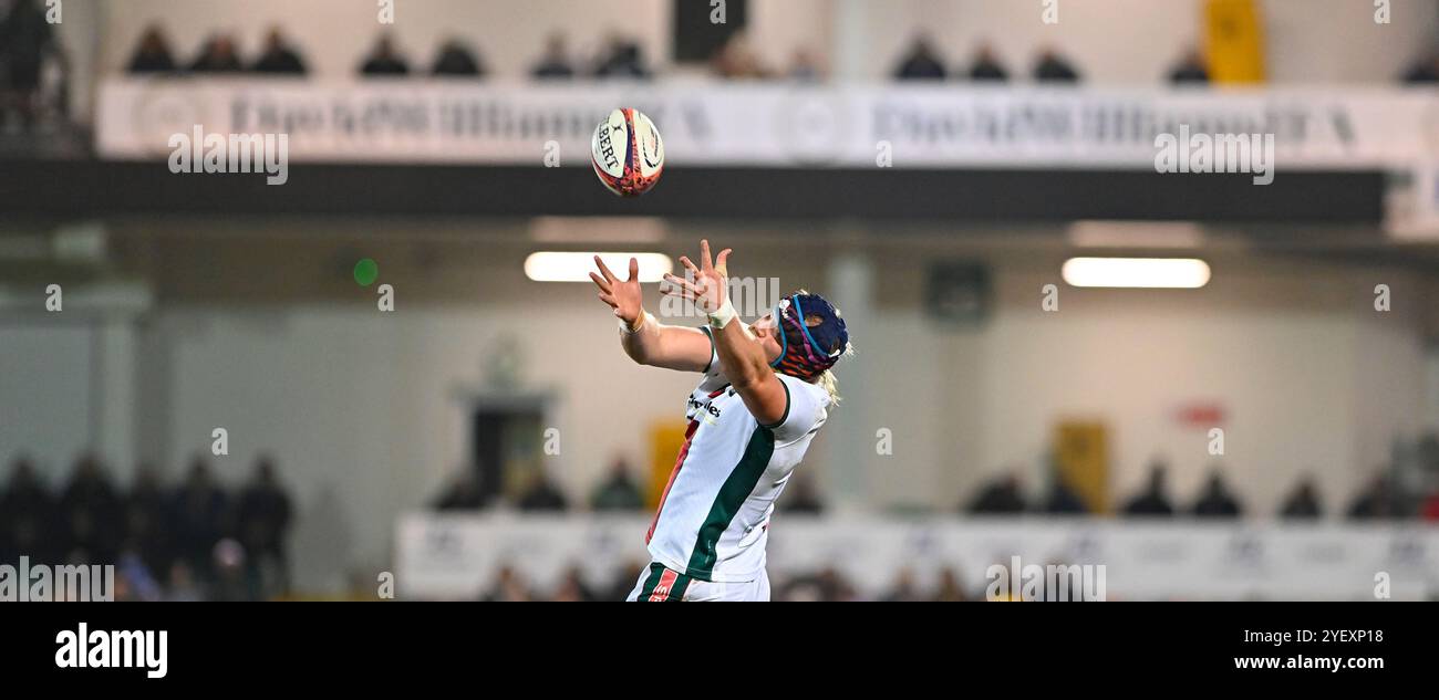 Northampton, Royaume-Uni. 1er novembre 2024. Tom Manz des Leicester Tigers lors du match de rugby de la Premiership Cup entre les Northampton Saints et les Leicester Tigers au Cinch Stadium Franklin's Gardens. Northampton Royaume-Uni. Crédit : PATRICK ANTHONISZ/Alamy Live News Banque D'Images