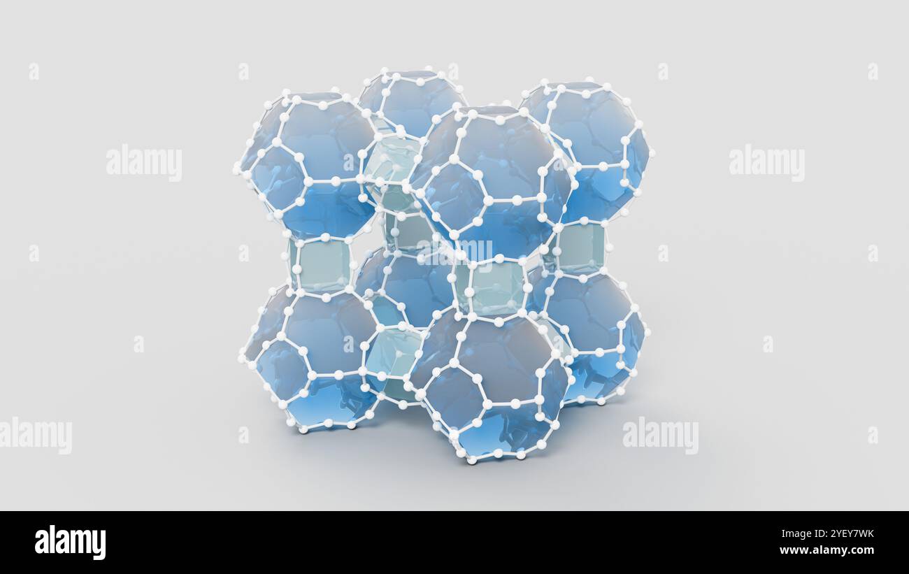 Illustration de la structure moléculaire d'une charpente zéolithique. Les zéolithes sont des minéraux aluminosilicatés hydratés et ont une structure microporeuse. Ils ont la formule générale (MAlO2)(SiO2)x(H2O)y où M est habituellement hydrogène (H+) et sodium (Na+). Les zéolithes peuvent avoir des structures de charpente différentes ; il s'agit de la forme courante de zéolithe Linde type A. Les matériaux zéolitiques sont utilisés dans les systèmes de purification de l'eau, d'assainissement des sols et de traitement des déchets, et sont étudiés pour capter et stocker les gaz à effet de serre, y compris le CO2. Banque D'Images