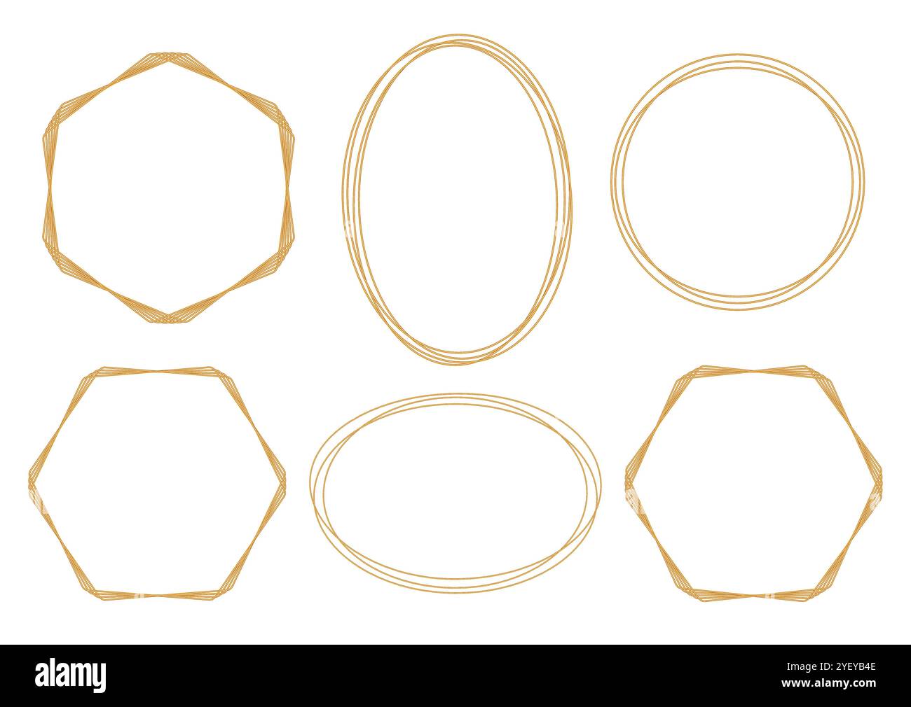 Ensemble de cadres dorés de contour sur fond blanc. Hexagone, rond, ellipse éléments décoratifs pour invitation de mariage, grande ouverture, carte de voeux Illustration de Vecteur