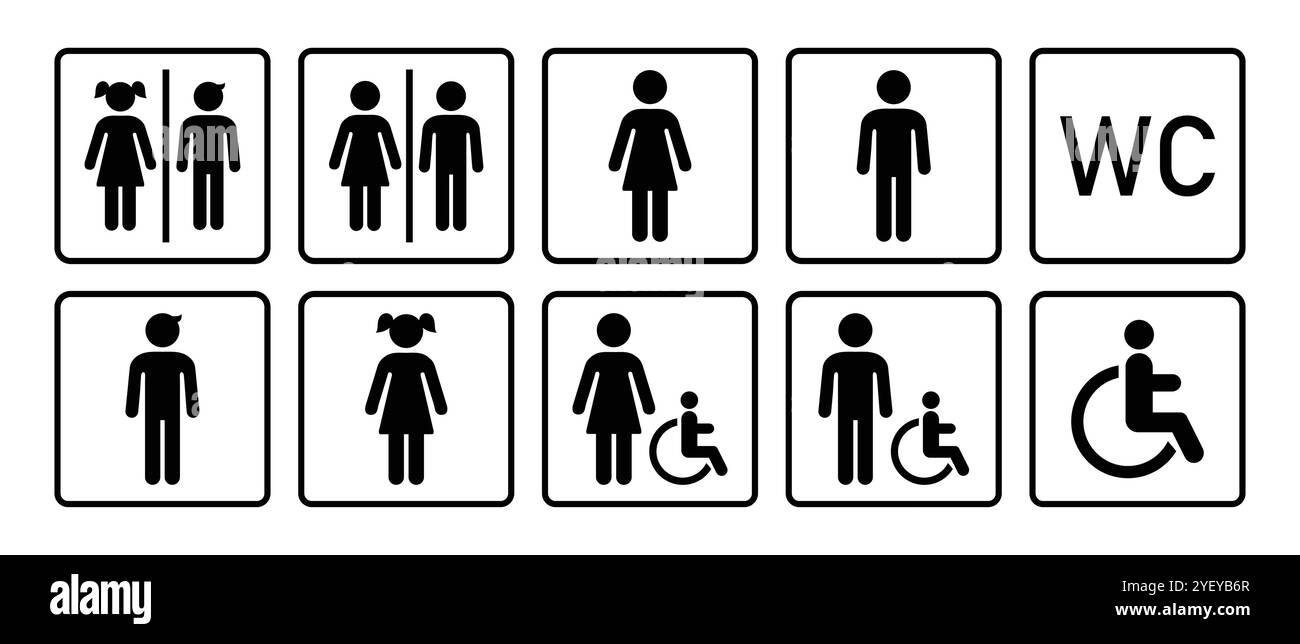 Icônes de toilette symbole set de couleur noire logotype. Signes de toilette de forme carrée. Symbole des enseignes WC. Femme et homme, fille et garçon signe vecteur de toilettes publiques. Illustration de Vecteur