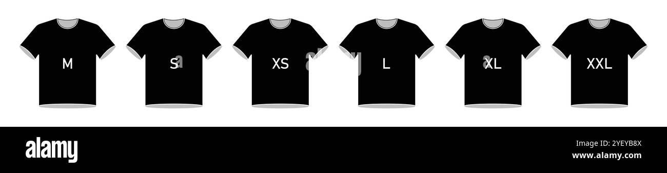 Icône de vecteur de taille de T-shirt définie en couleur noire isolée sur un fond blanc. Étiquette ou étiquette de taille de vêtement. De xs à xxl. Collection Icon T-shirt. Illustration de Vecteur