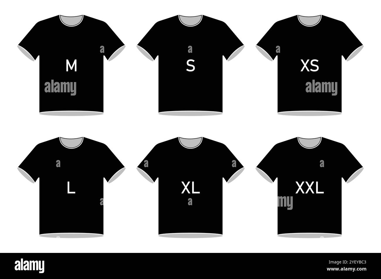 Icône de vecteur de taille de T-shirt définie en couleur noire isolée sur un fond blanc. Étiquette ou étiquette de taille de vêtement. De xs à xxl. Collection Icon T-shirt. Illustration de Vecteur