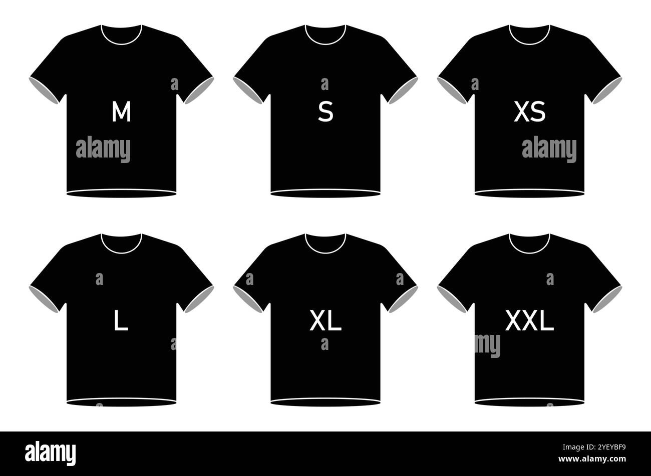 Icône de vecteur de taille de T-shirt définie en couleur noire isolée sur un fond blanc. Étiquette ou étiquette de taille de vêtement. De xs à xxl. Collection Icon T-shirt. Illustration de Vecteur