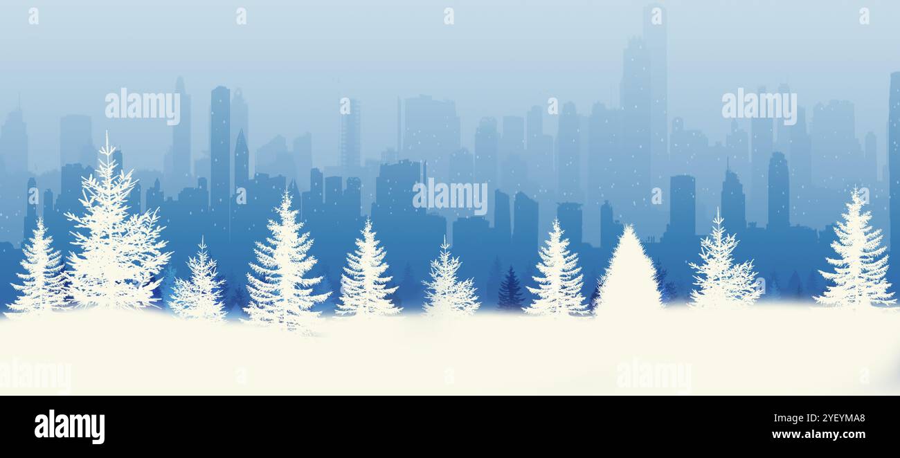vue sur les gratte-ciel de la ville en hiver depuis la bannière de vacances du parc snow trees Banque D'Images