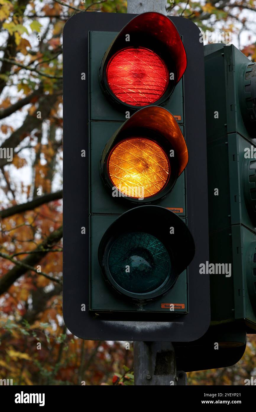 Ampelanlage in Siegen, Ampel, Verkehrsampel zeigt Rot und Gelb Verkehrswesen, Ampel in der Innenstadt AM 02.11.2024 in Siegen/Deutschland. *** Système de feux de circulation à Siegen, feu de circulation, feu de circulation indique le trafic rouge et jaune, feu de circulation dans le centre-ville sur 02 11 2024 à Siegen Allemagne Banque D'Images