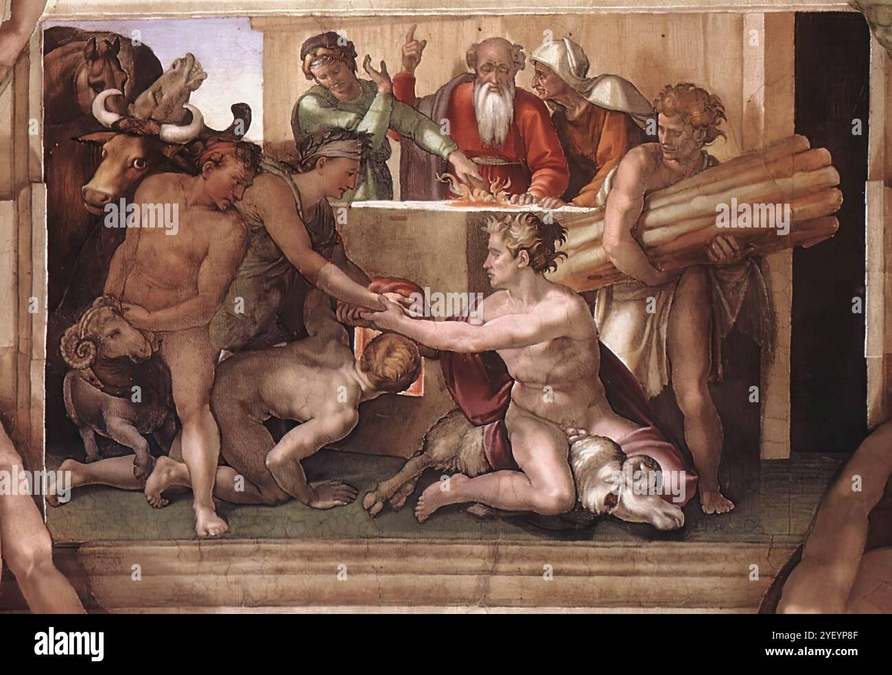 MICHELANGELO di Lodovico Buonarroti Simoni (né en 1475, Caprese, décédé en 1564, Rome) sacrifice de Noé 1509 fresque, 170 x 260 cm Cappella Sistina, Vatican au centre de l'arrière-plan, Noé officie au sacrifice sur un autel vu dans les coins. Rendant grâce au Seigneur pour son salut des eaux, le patriarche porte la même tunique rouge sang qu'il portait quand il labourait la vigne en arrière-plan de l'ivresse de Noé. Le travail des assistants a été détecté dans la figure de la femme de Noé à droite, entourée de contours rigides et modélisée de manière superficielle, et Banque D'Images