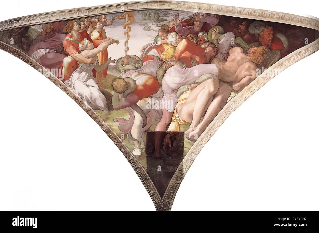 MICHELANGELO di Lodovico Buonarroti Simoni (né en 1475, Caprese, mort en 1564, Rome) le Serpent du Brésil 1511 Fresco, 585 x 985 cm Cappella Sistina, Vatican les scènes peintes dans les pendentifs sur les côtés du prophète Jonas sont caractérisées par l'utilisation de raccourcissement prononcé. C’est le cas du groupe enchevêtré d’Israélites qui, dans la scène du Serpent du Brésil, se tortillent dans les affres de la mort, et, surtout, de la figure crucifiée de Haman dans la punition de Haman. Dans le Serpent du Brésil, la masse des corps empoisonnés par les serpents occupe toute la partie droite, répandant le towa Banque D'Images