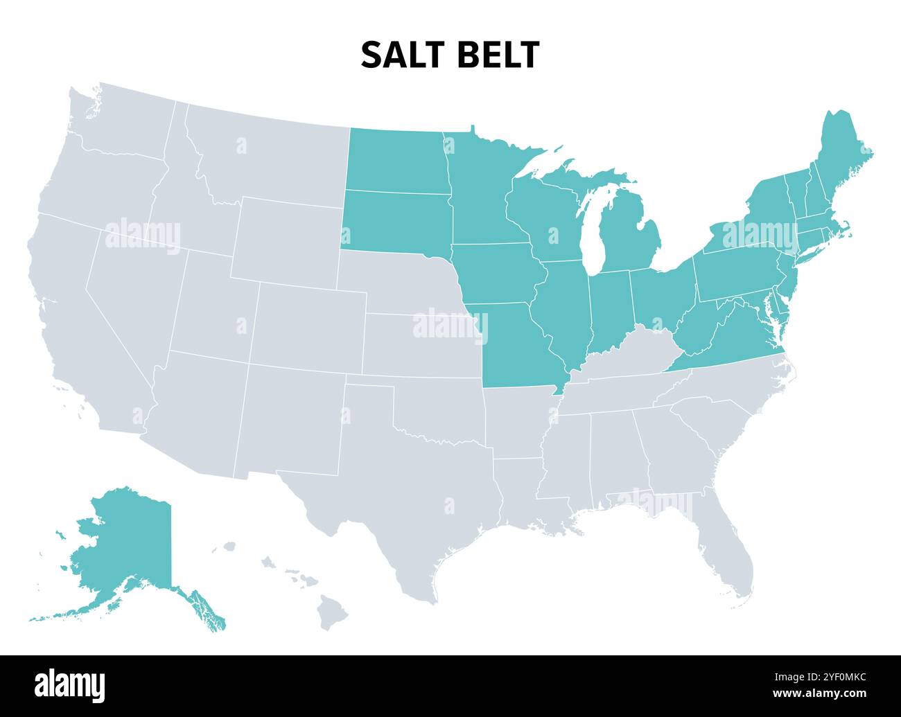 Salt Belt des États-Unis, carte politique. Région des États-Unis dans laquelle le sel de voirie est utilisé en hiver pour contrôler la neige et la glace. Banque D'Images