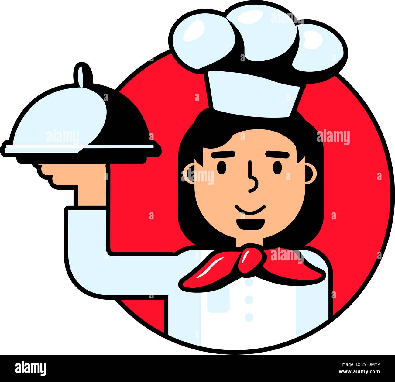 Illustration vectorielle d'un chef tenant un plateau avec la couverture dans un style de dessin animé. Visage de chef souriant, enthousiasme pour la cuisine. Restaurant servi Illustration de Vecteur