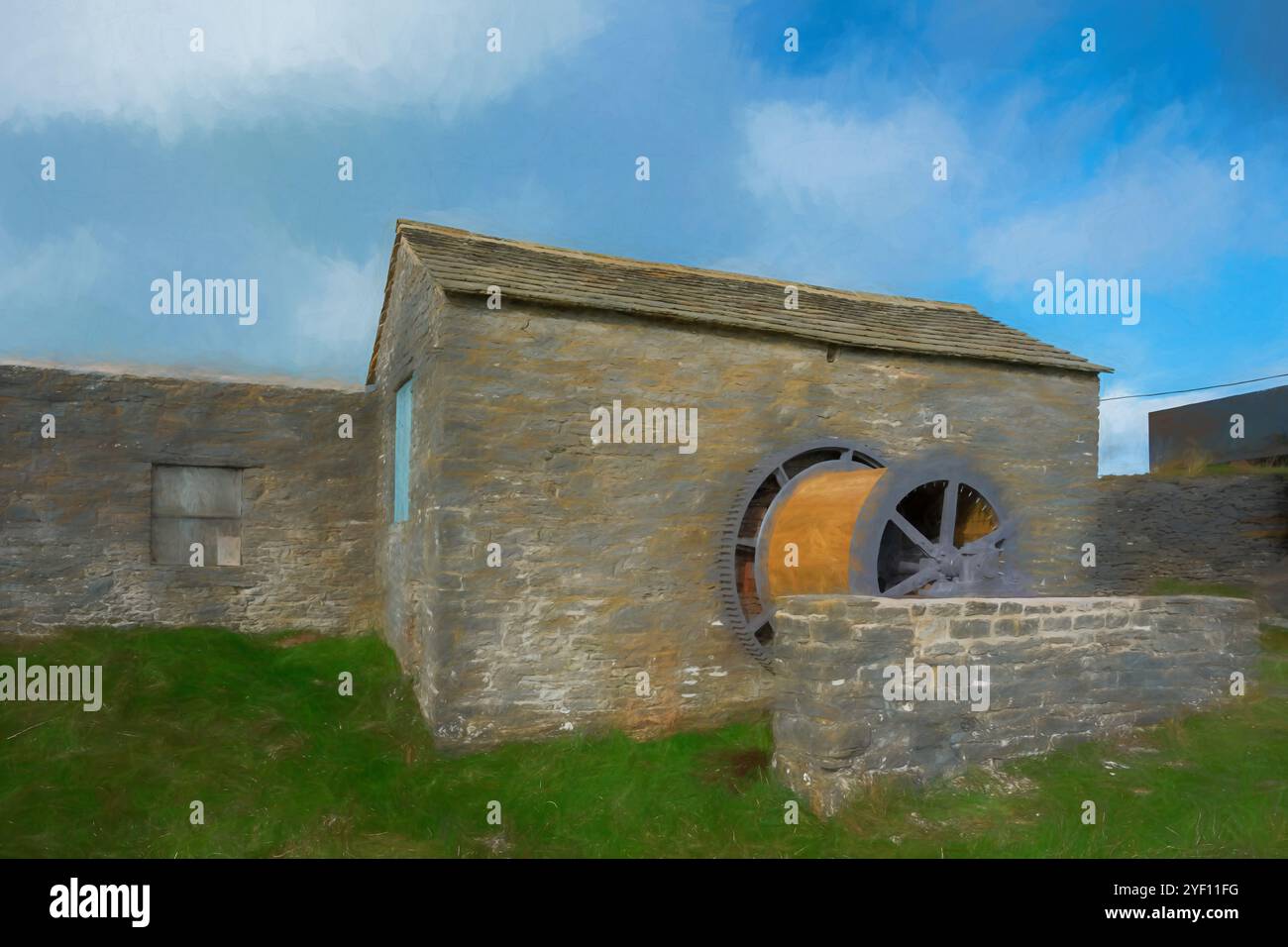 Une illustration pétrolière numérique de la mine de Magpie. Une mine de plomb abandonnée près du village de Sheldon par une journée ensoleillée d'automne dans le Derbyshire Peak Dist Banque D'Images