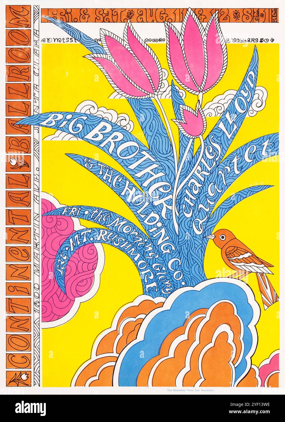 Janis Joplin - Big Brother & The Holding Co, Charles Lloyd Quartet, The Morning Glory, Mt. Rushmore, affiche de concert Continental Ballroom 1967 Banque D'Images