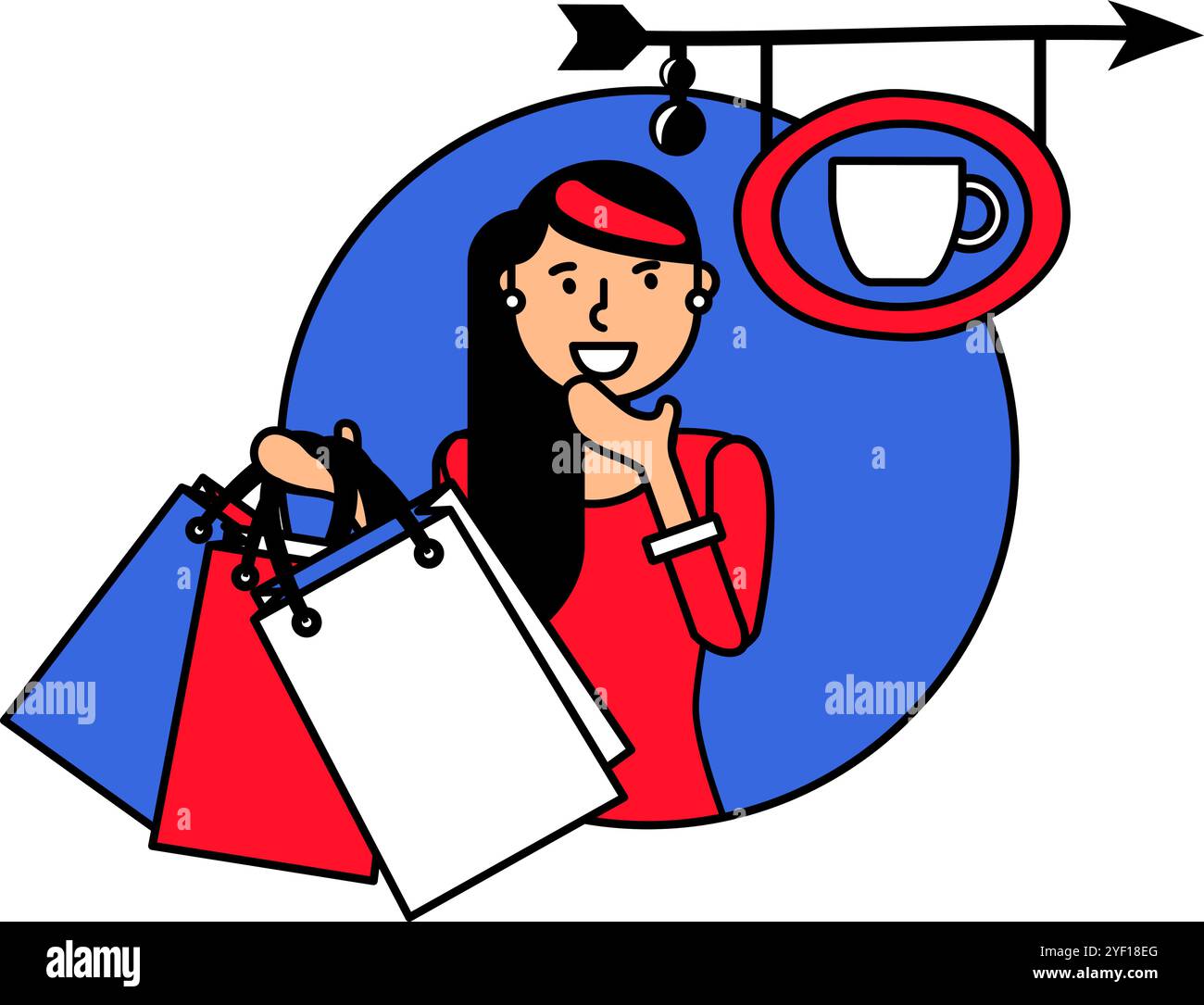 Une femme de shopping portant plusieurs sacs, contemplant l'idée de se diriger vers un café en plein air pour une illustration de dessin animé vecteur de pause relaxante. Idée de Illustration de Vecteur