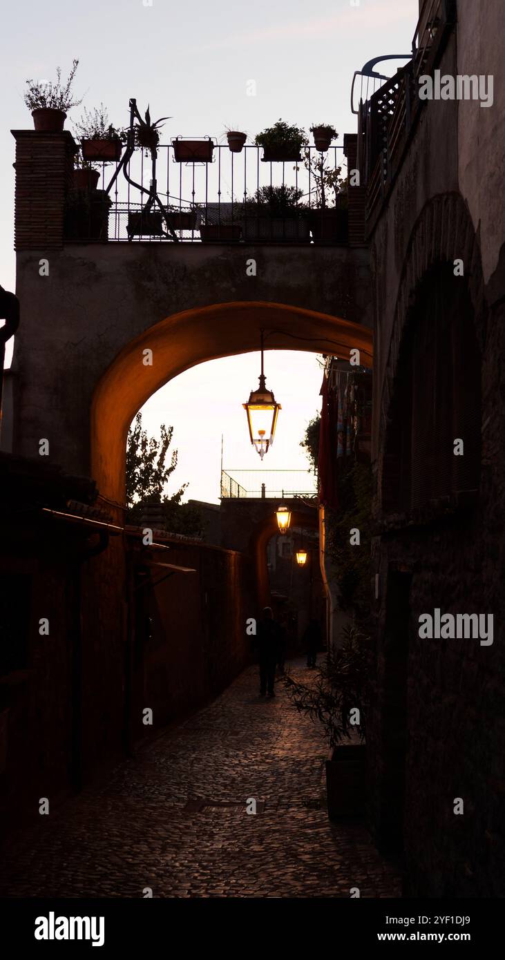Étroite jolie rue pavée avec arche et pots de fleurs en silhouette avec lampadaire allumé au crépuscule à Montefiascone, Italie. 02 novembre 2024 Banque D'Images