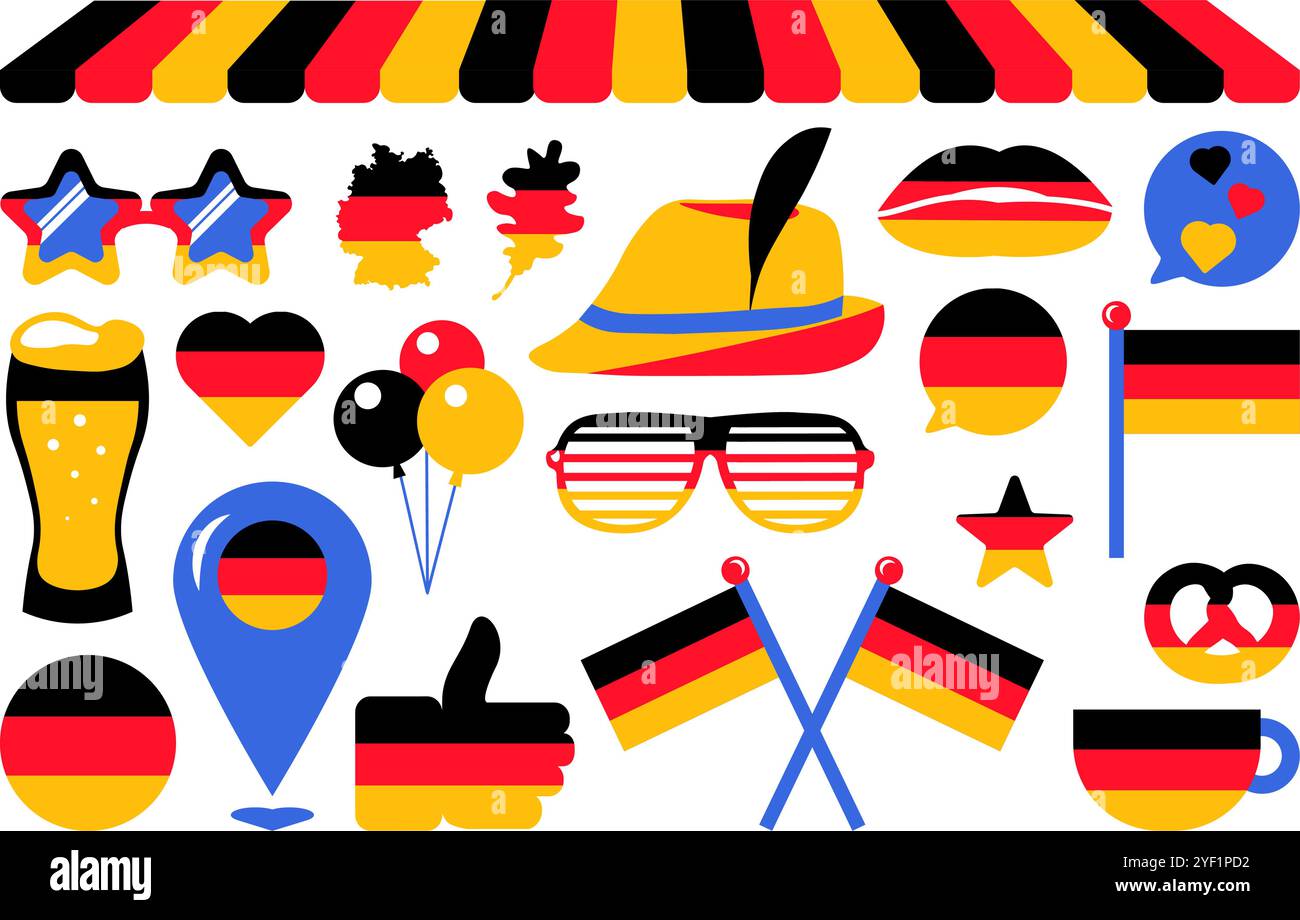 Un ensemble vibrant d'illustrations vectorielles d'un dans les couleurs du drapeau allemand dans un style de dessin animé. Collection de clip art : baiser lèvres, drapeaux, emblèmes, décorati Illustration de Vecteur