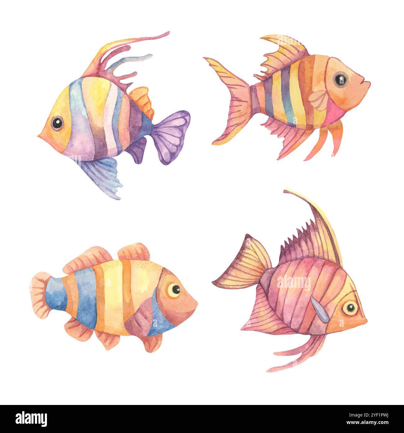 Un ensemble de poissons aquarelles dans les tons de violet, orange et bleu. Ce clipart est idéal pour une utilisation dans les illustrations de livres pour enfants, les dessins sur le thème aquatique ou les éléments décoratifs sous-marins sur les produits Banque D'Images