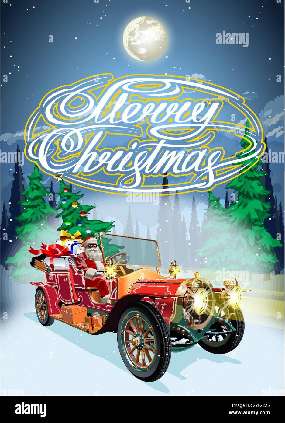 Affiche de Noël vectorielle avec le Père Noël conduit une voiture vintage avec des cadeaux à travers la forêt d'hiver la nuit. Format vectoriel EPS-10 disponible séparé Illustration de Vecteur