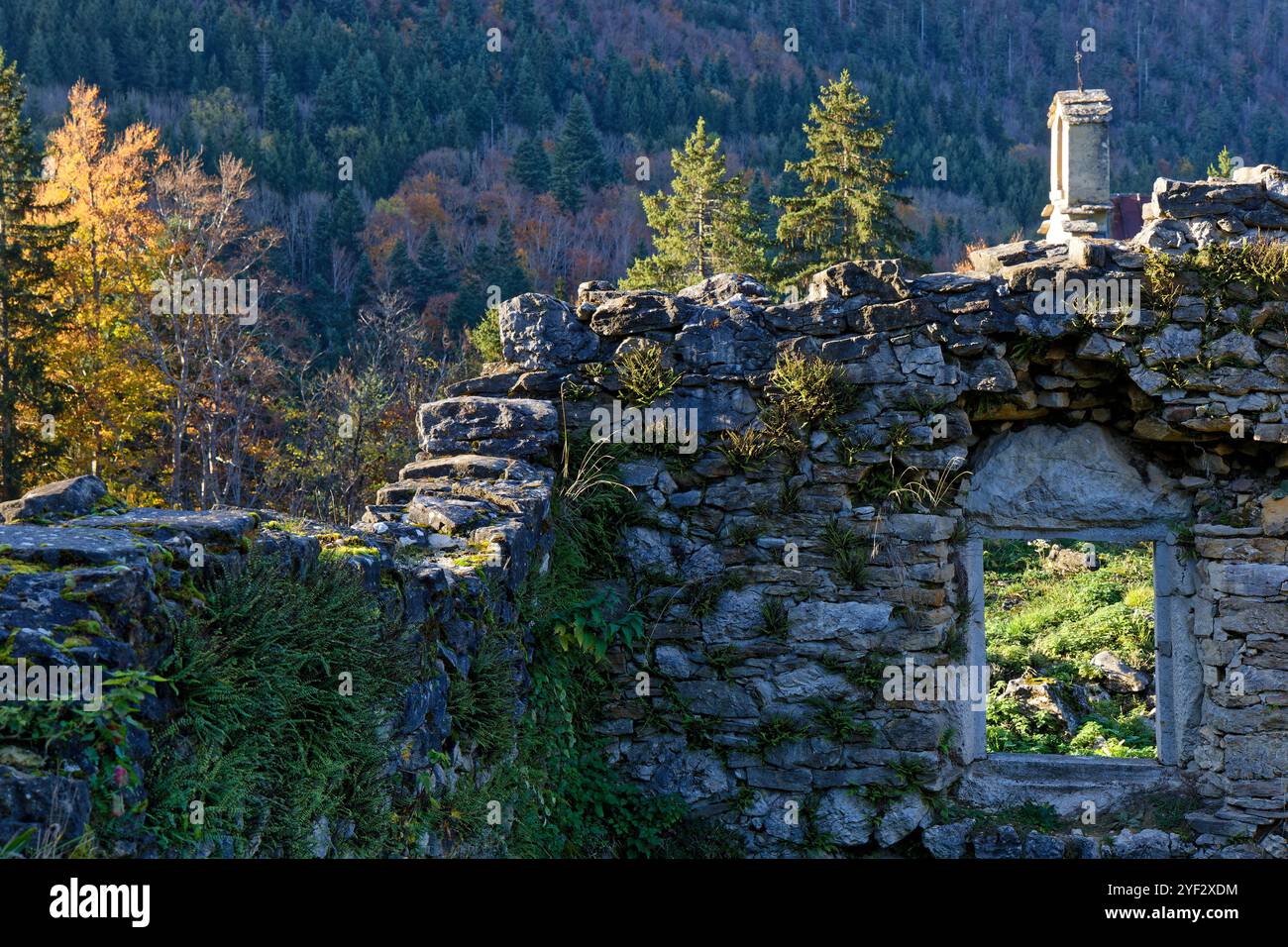 Villard-de-Lans, 29 octobre 2024 : ruines de Valchevrière. Le village utilisé comme camp pour les maquisards a été incendié par les nazis en 1944. Seule une chapelle survit Banque D'Images