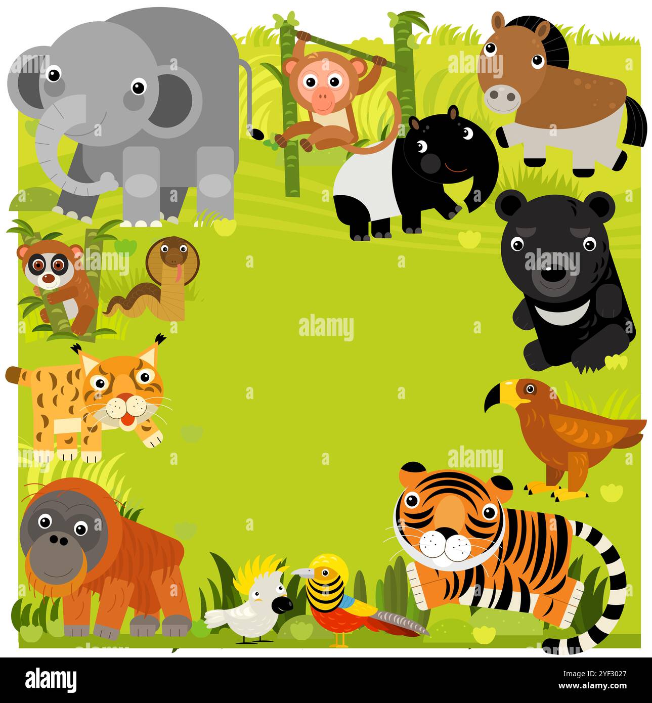 scène de dessin animé avec modèle de bordure de cadre avec des animaux asiatiques et la nature comme éléphant ape chat tigre birsd faisan aigle serpent et autre avec de l'espace pour Banque D'Images