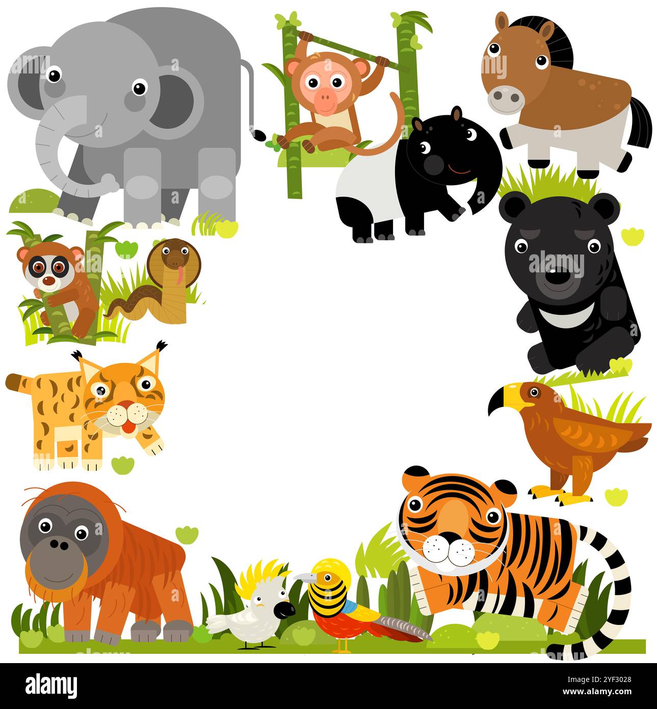 scène de dessin animé avec modèle de bordure de cadre avec des animaux asiatiques et la nature comme éléphant ape chat tigre birsd faisan aigle serpent et autre avec de l'espace pour Banque D'Images