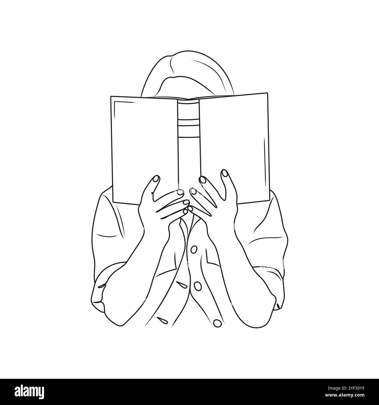 Fille tenant un livre ouvert. Femme lisant. Ligne Lecture, concept d'éducation. Illustration vectorielle dessinée à la main. Illustration de Vecteur