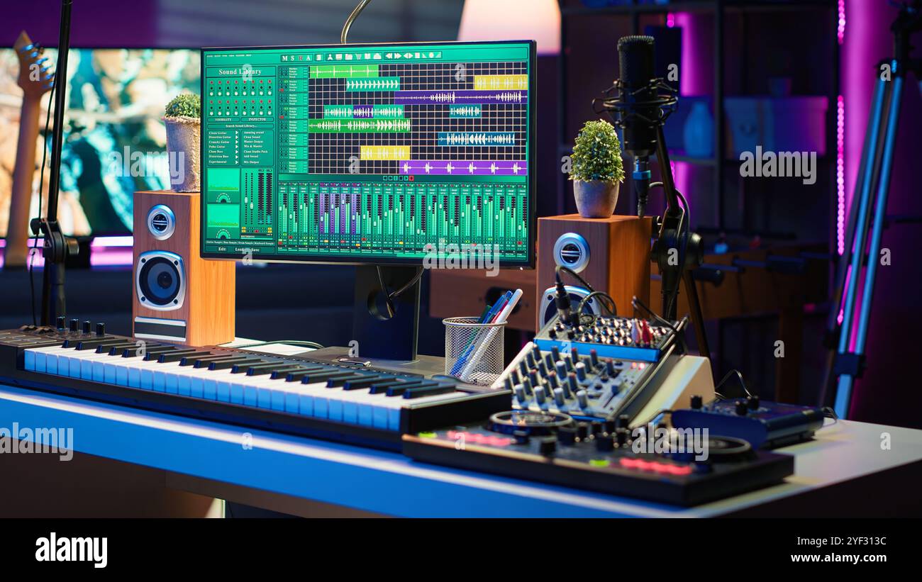 Bureau de home studio vide avec logiciel DAW et console de mixage utilisé pour le mixage et le mastering des pistes, la post-production. Appareils professionnels d'enregistrement sonore et équipement moderne, industrie de la musique. Banque D'Images