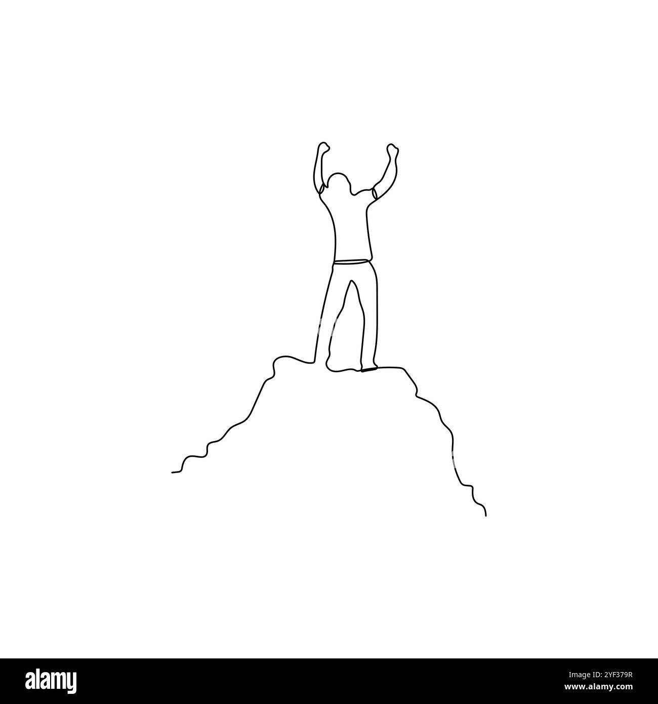 L'homme se tient debout les bras tendus au sommet de la montagne. Succès, puissance, concept de motivation. Illustration vectorielle dessinée à la main. Illustration de Vecteur
