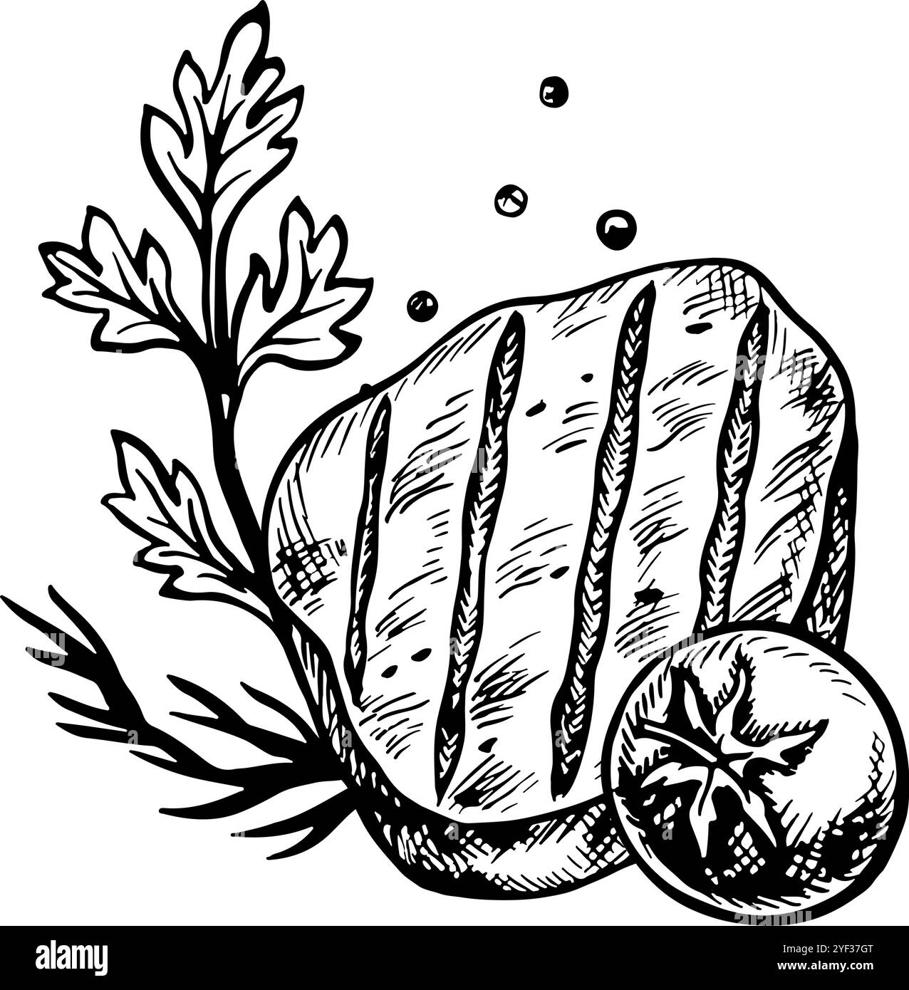 Viande frite avec légumes. Graphiques vectoriels avec image barbecue. Une illustration dessinée à la main en noir et blanc. Sur fond blanc. Pour un menu, poster, Illustration de Vecteur