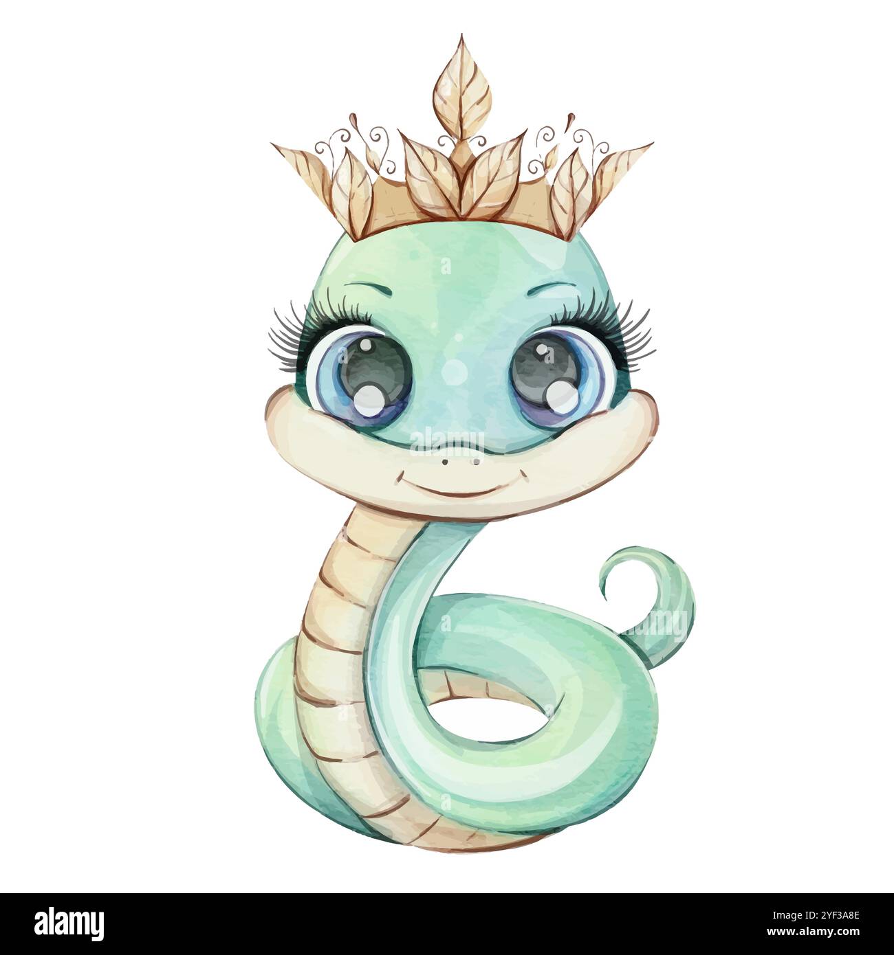 Adorable et mignon personnage de Cartoon Snake avec une couronne et de grands yeux expressifs Illustration de Vecteur