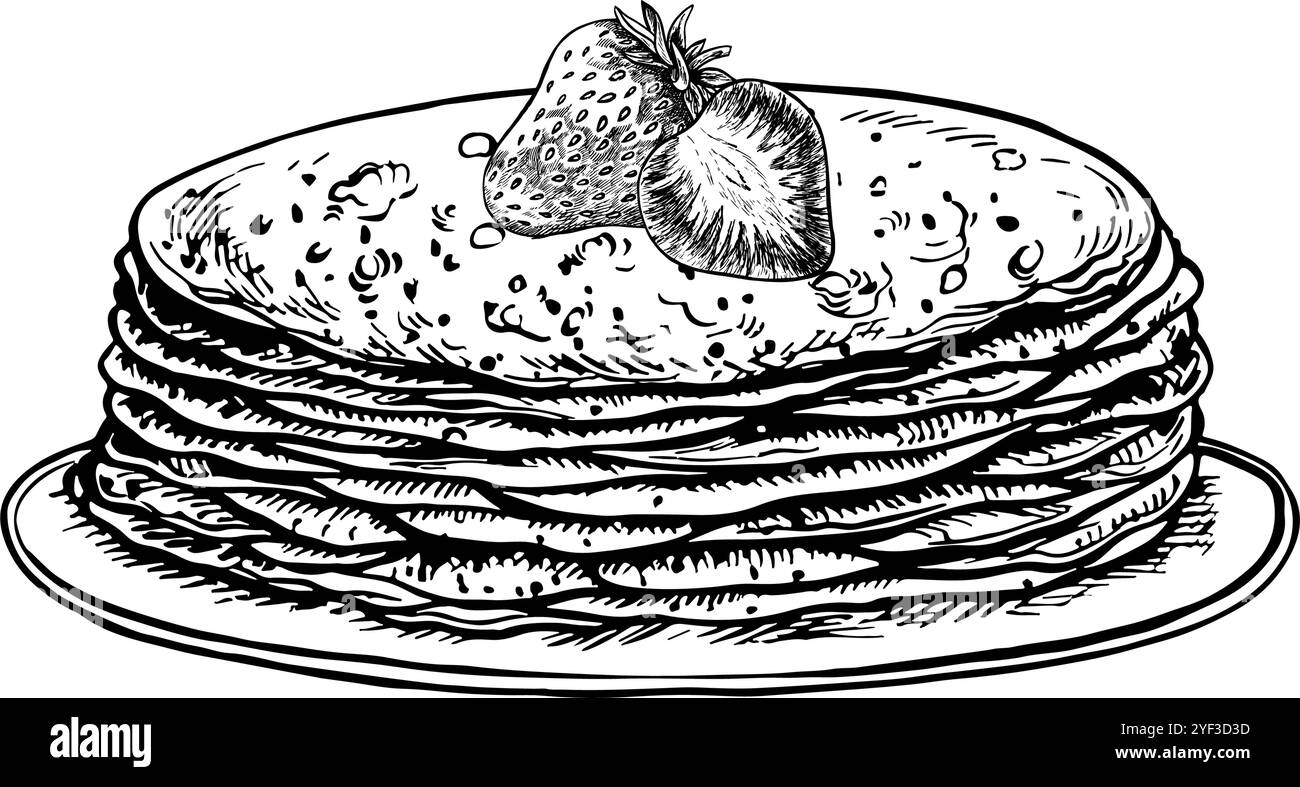 Crêpes sur une assiette avec des fraises. Dessin graphique vectoriel pour les vacances Maslenitsa. Illustration dessinée à la main en noir et blanc. Sur un backgrou blanc Illustration de Vecteur