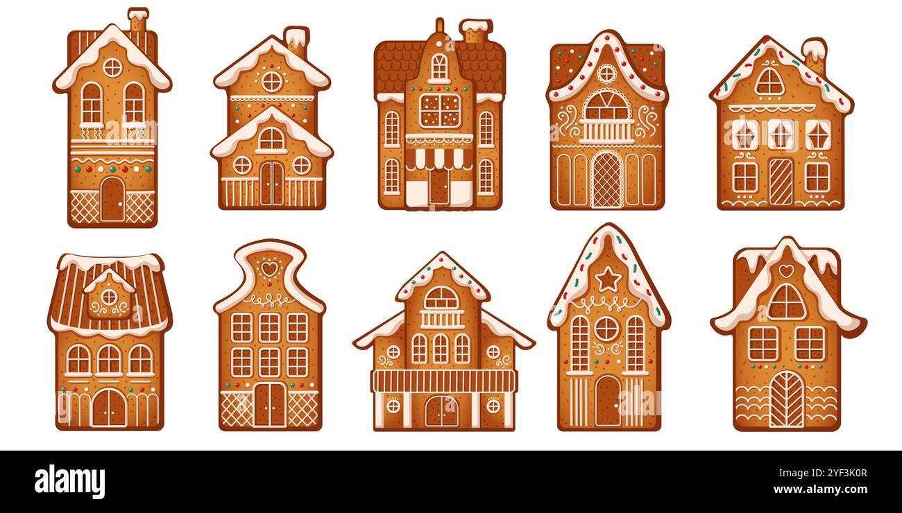 Maisons en pain d'épice faites à la main avec des objets vectoriels plats glacés Illustration de Vecteur