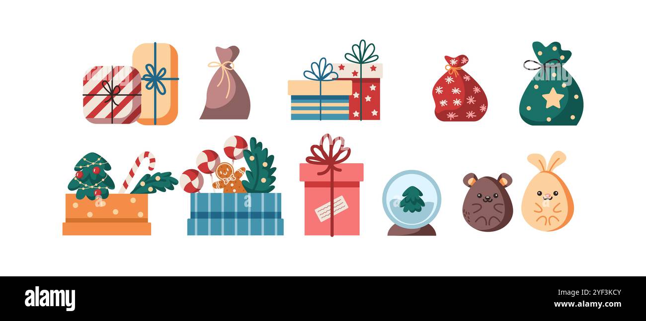 Cute Christmas présente des objets vectoriels de couleur plate d'icônes Illustration de Vecteur