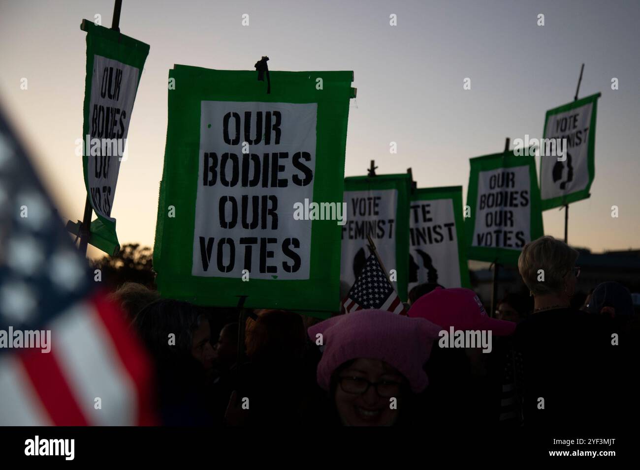 Washington DC, États-Unis. 2 Nov 2024. Quelques jours seulement avant les élections américaines, des milliers de manifestantes ont assisté à la marche des femmes en soutien à la vice-présidente Kamala Harris à Washington DC, aux États-Unis, le 2 novembre 2024. La Marche des femmes est un mouvement dirigé par les femmes qui défend un large éventail de questions, y compris l’antiracisme, le droit de vote, l’égalité salariale et la liberté reproductive. Crédit : Aashish Kiphayet/Alamy Live News Banque D'Images