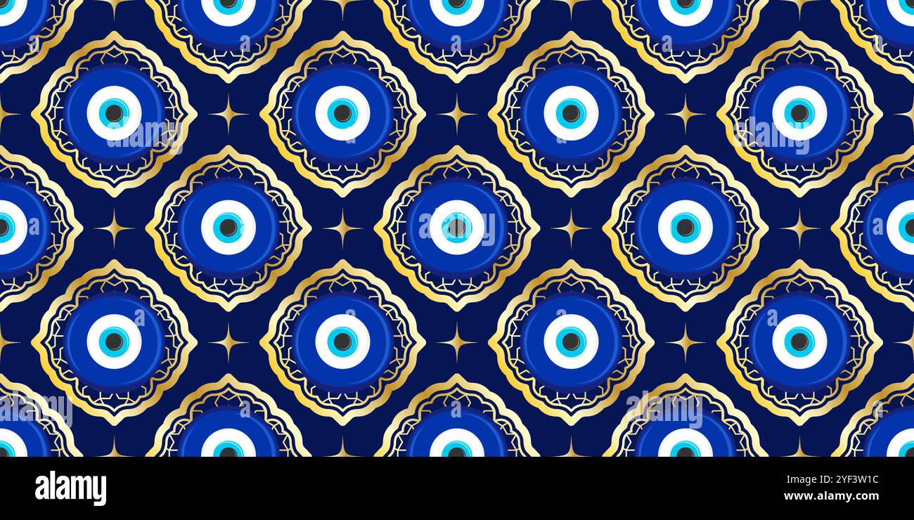 Motif mauvais oeil sans couture. Fond vectoriel turc avec des perles bleues et nazar magique. Amulette grecque mystique est le symbole de la protection et de la chance. Arabe Illustration de Vecteur