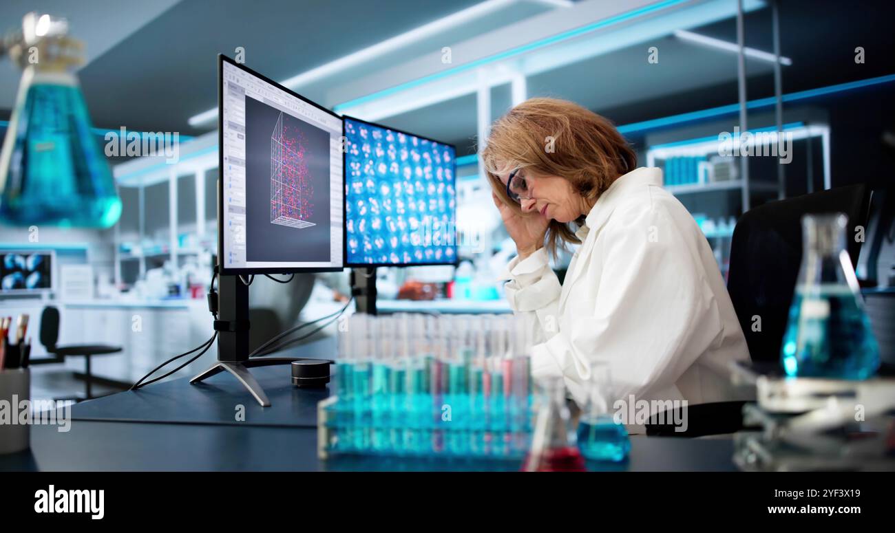 Scientifique triste fatigué avec des maux de tête et du stress Banque D'Images