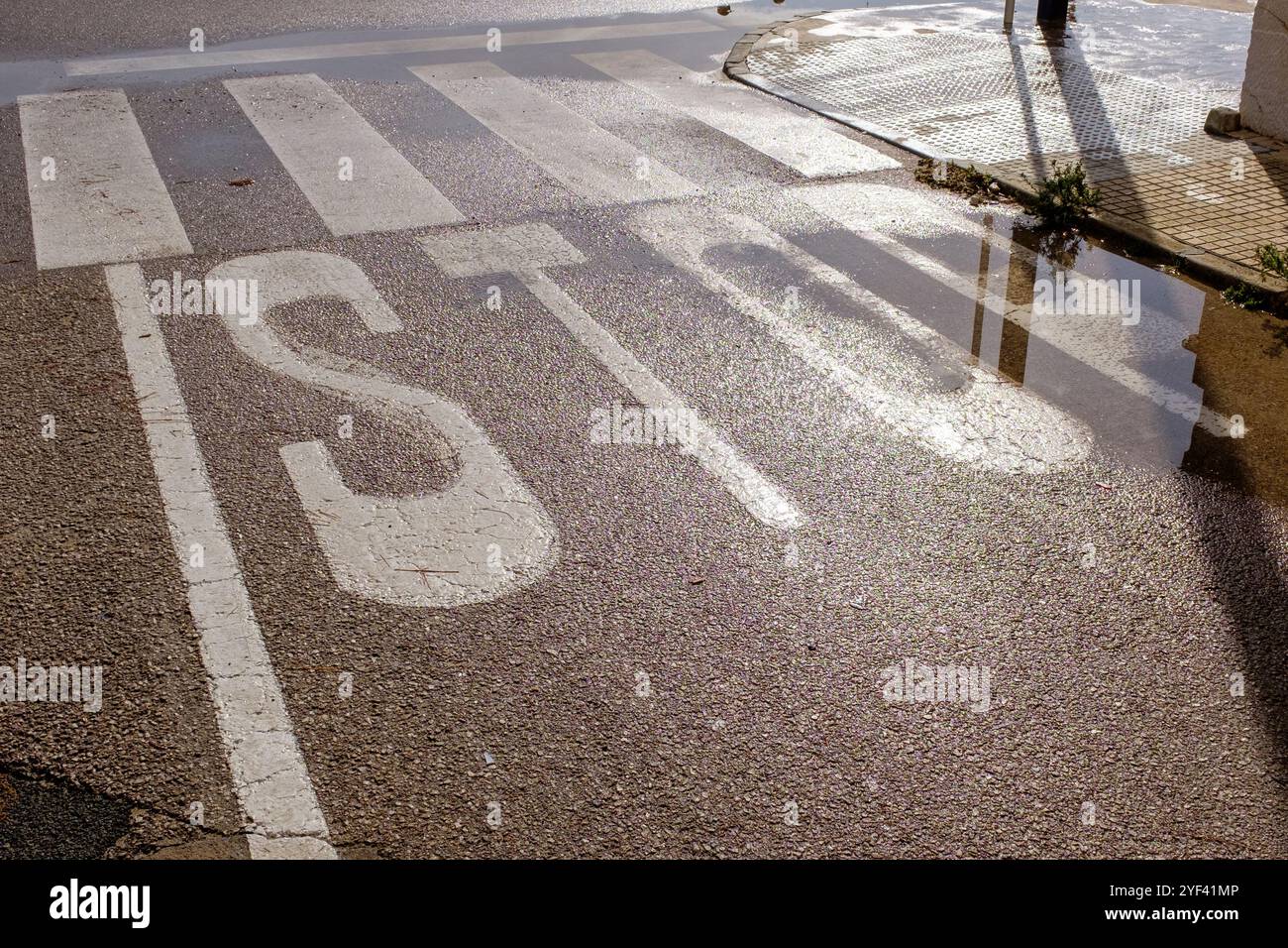 Piscine d'eau de pluie après une tempête récente couvrant partiellement un panneau D'ARRÊT sur l'île espagnole de Majorque Banque D'Images