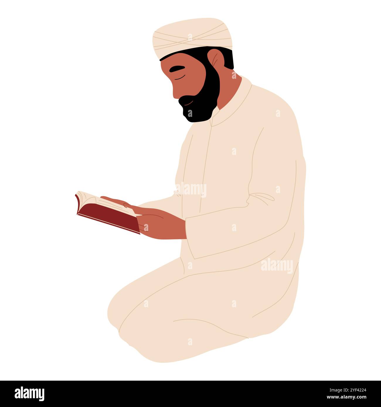 L'homme musulman lit le Coran. Célébration du Ramadan Moubarak. Fête musulmane traditionnelle. Illustration de Vecteur