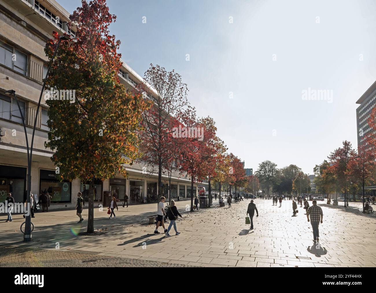 Une touche de couleurs automnales sur les arbres de l'Armada Way de Plymouth coupant à travers le principal centre commercial piétonnier avec des boutiques et des cafés de rue. Banque D'Images