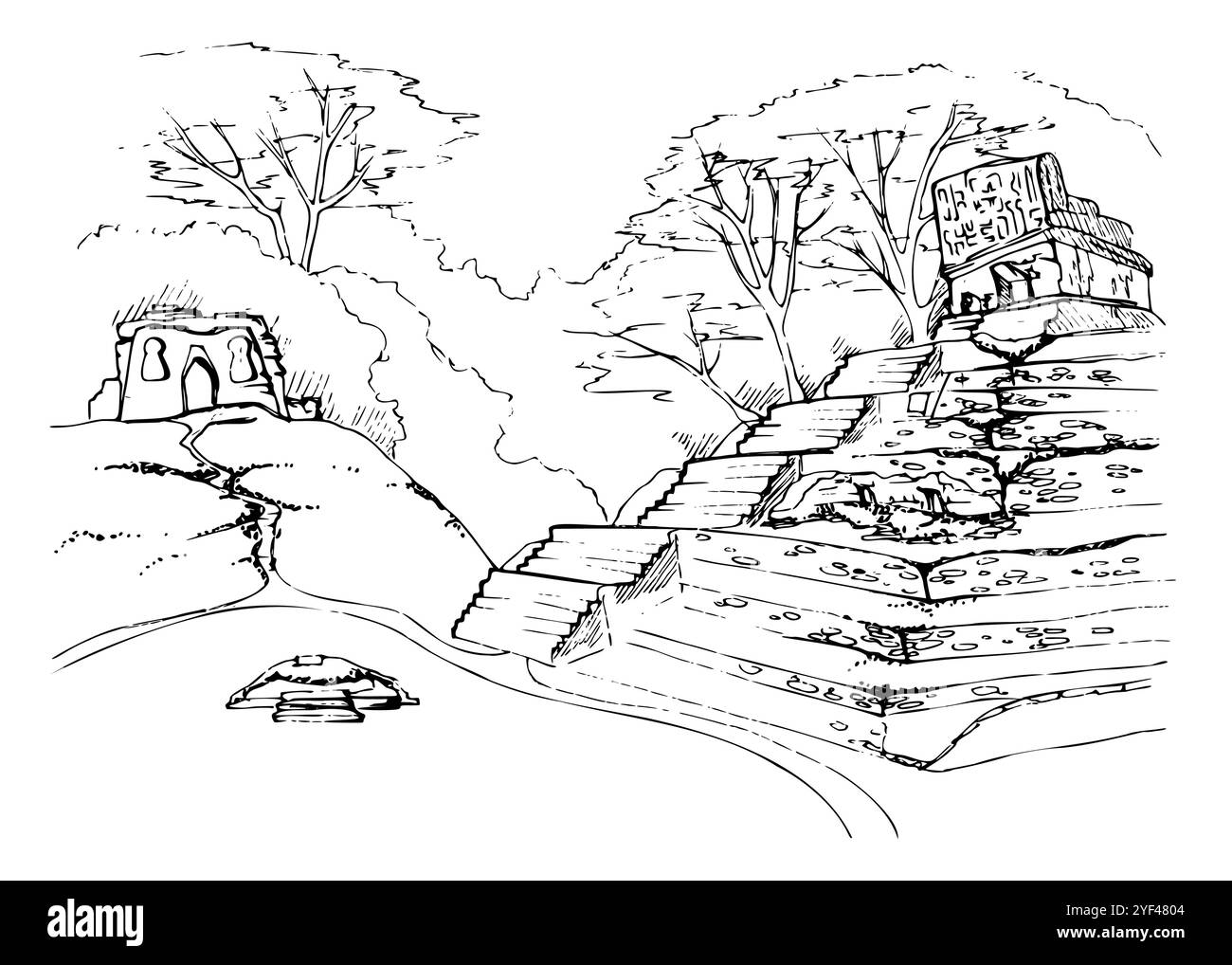 Mésoamérique Aztèque anciennes pyramides ruines sur terrain plat avec des arbres de la jungle, montagnes collines en toile de fond, paysage pittoresque isolé. Vecteur d'encre dessiné à la main Illustration de Vecteur