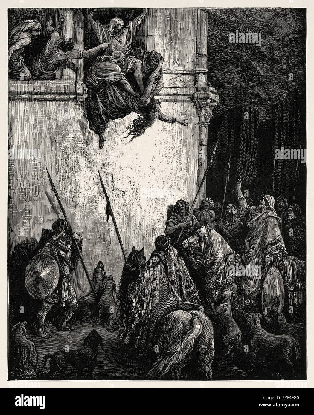 La mort de Jézabel par ordre du roi Jéhu qui l'a jetée dans la rue et piétinée. Ancien Testament. Illustration biblique antique de Gustave Dore (1832-1883) Banque D'Images