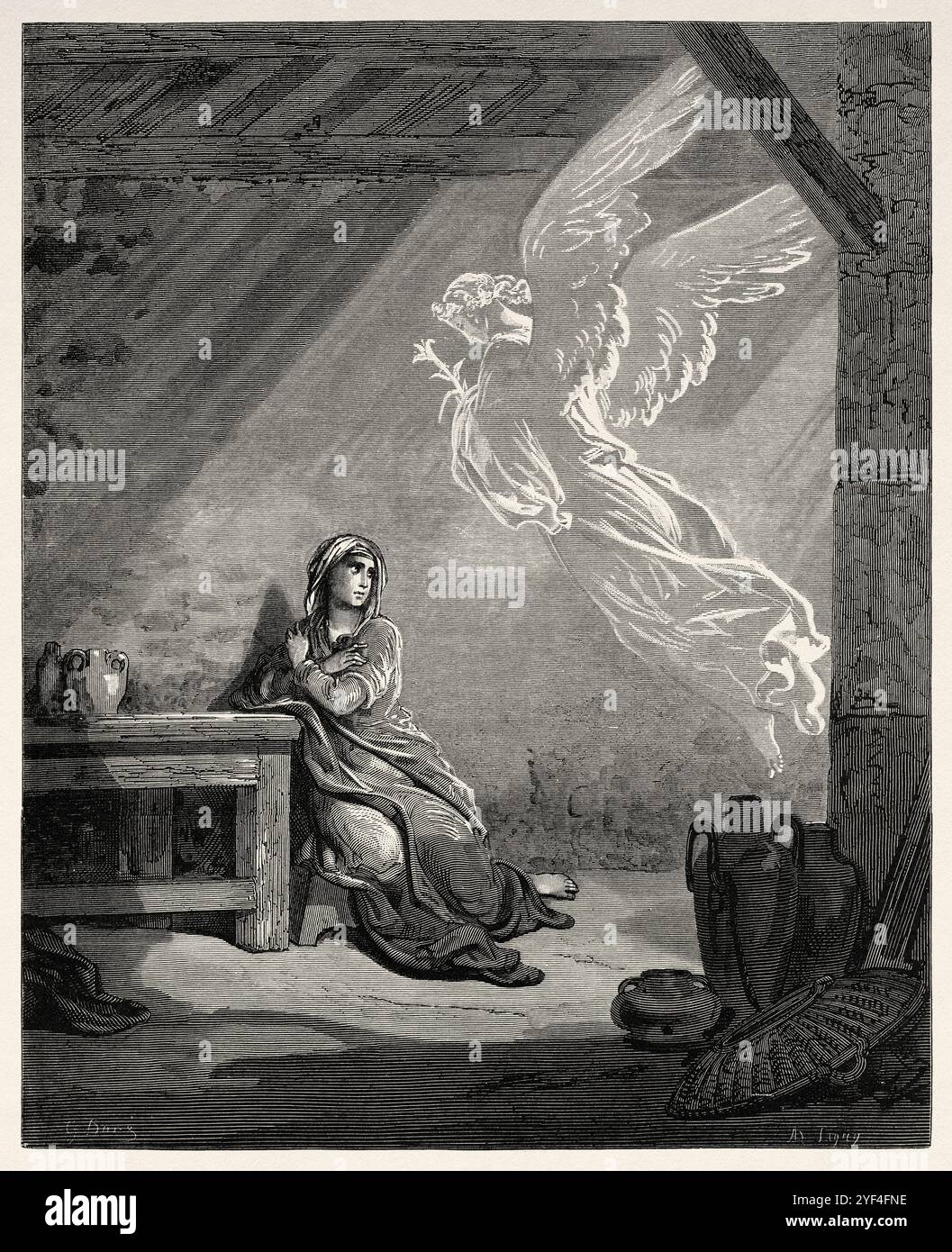 L'Annonciation. Annonciation de l'Archange Gabriel à la Vierge Marie, elle concevrait un enfant pour naître fils de Dieu (Luc 1, 28 - 38) Nouveau Testament. Illustration biblique antique de Gustave Dore (1832-1883) Banque D'Images