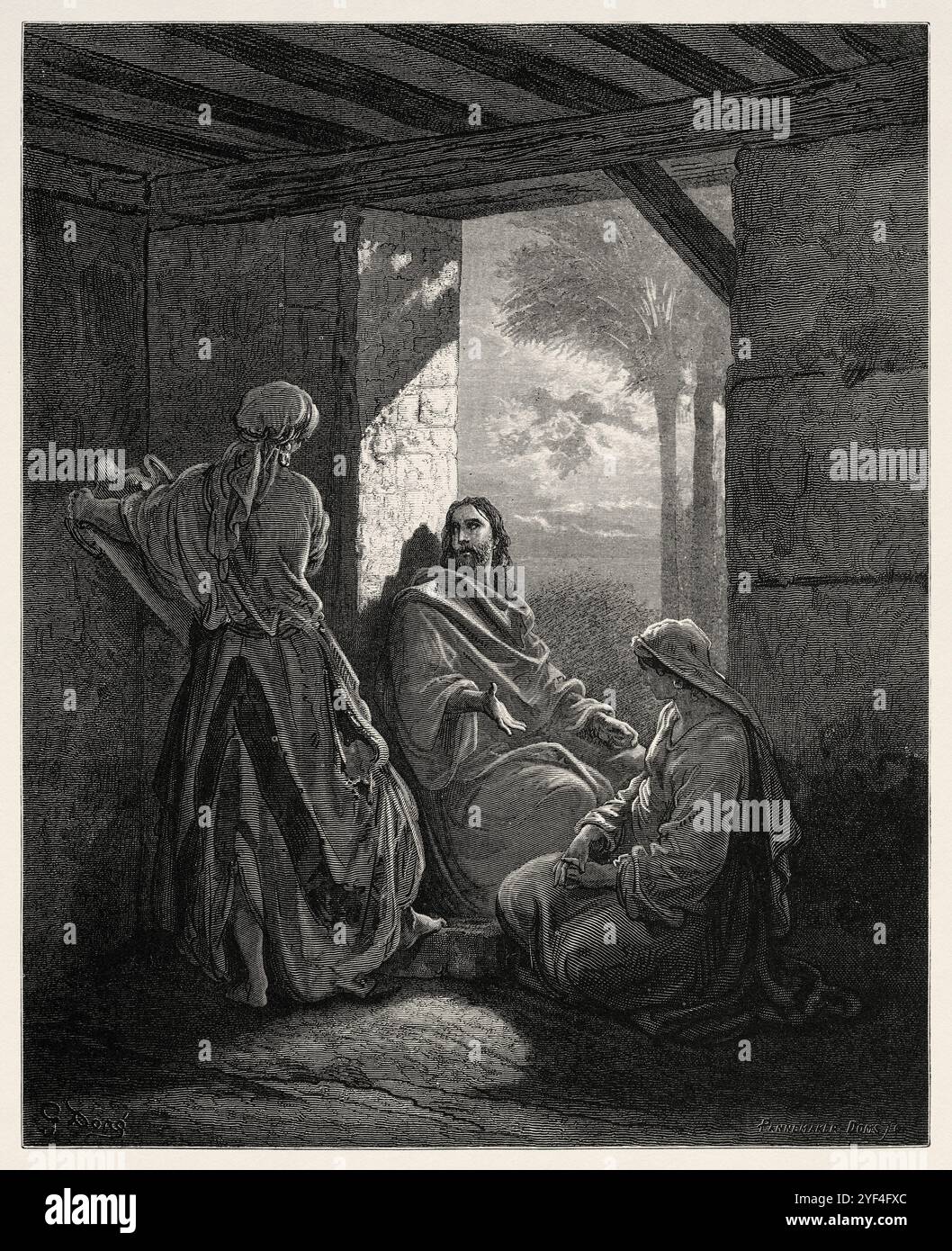 Jésus à la maison de Marthe et Marie (Luc 10 : 41, 42) Nouveau Testament. Illustration biblique antique de Gustave Dore (1832-1883) Banque D'Images