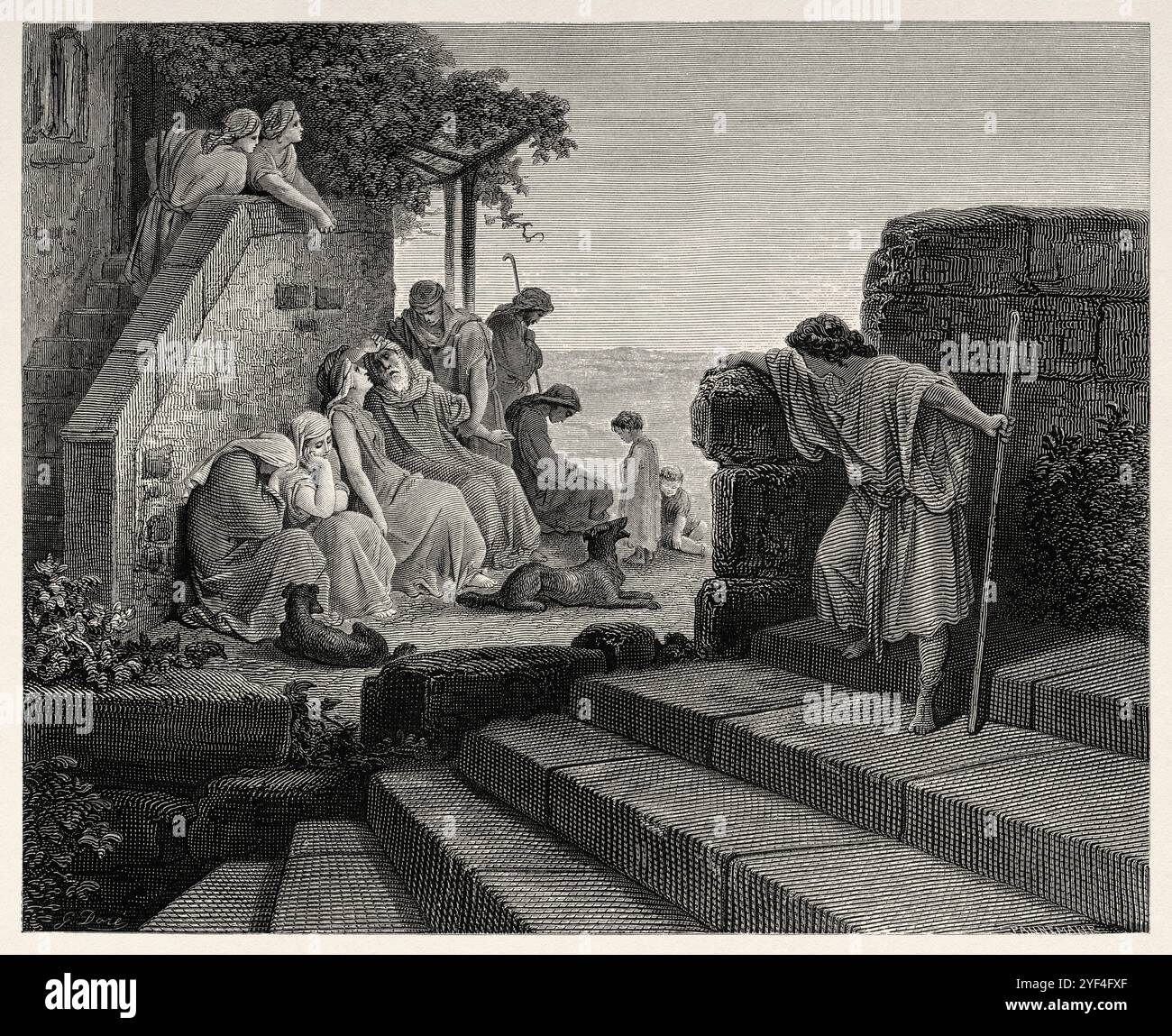 Parabole du retour du fils prodigue (Luc 15,20) Nouveau Testament. Illustration biblique antique de Gustave Dore (1832-1883) Banque D'Images