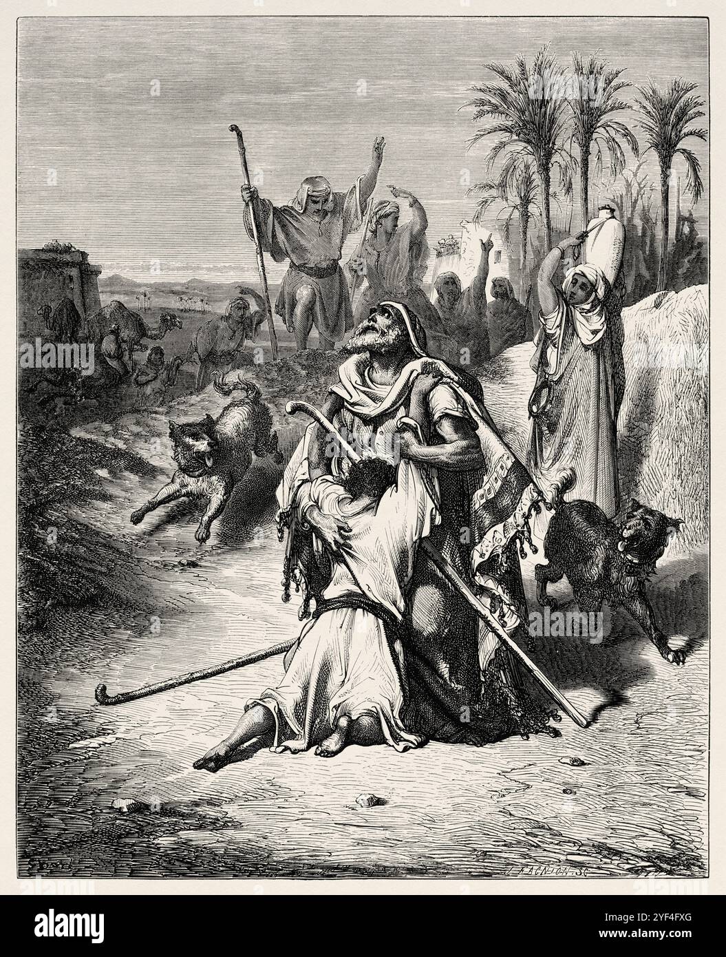 Parabole du fils prodigue. Le fils prodigue retourne aux armes de son père (Luc 15, 20) Nouveau Testament. Illustration biblique antique de Gustave Dore (1832-1883) Banque D'Images
