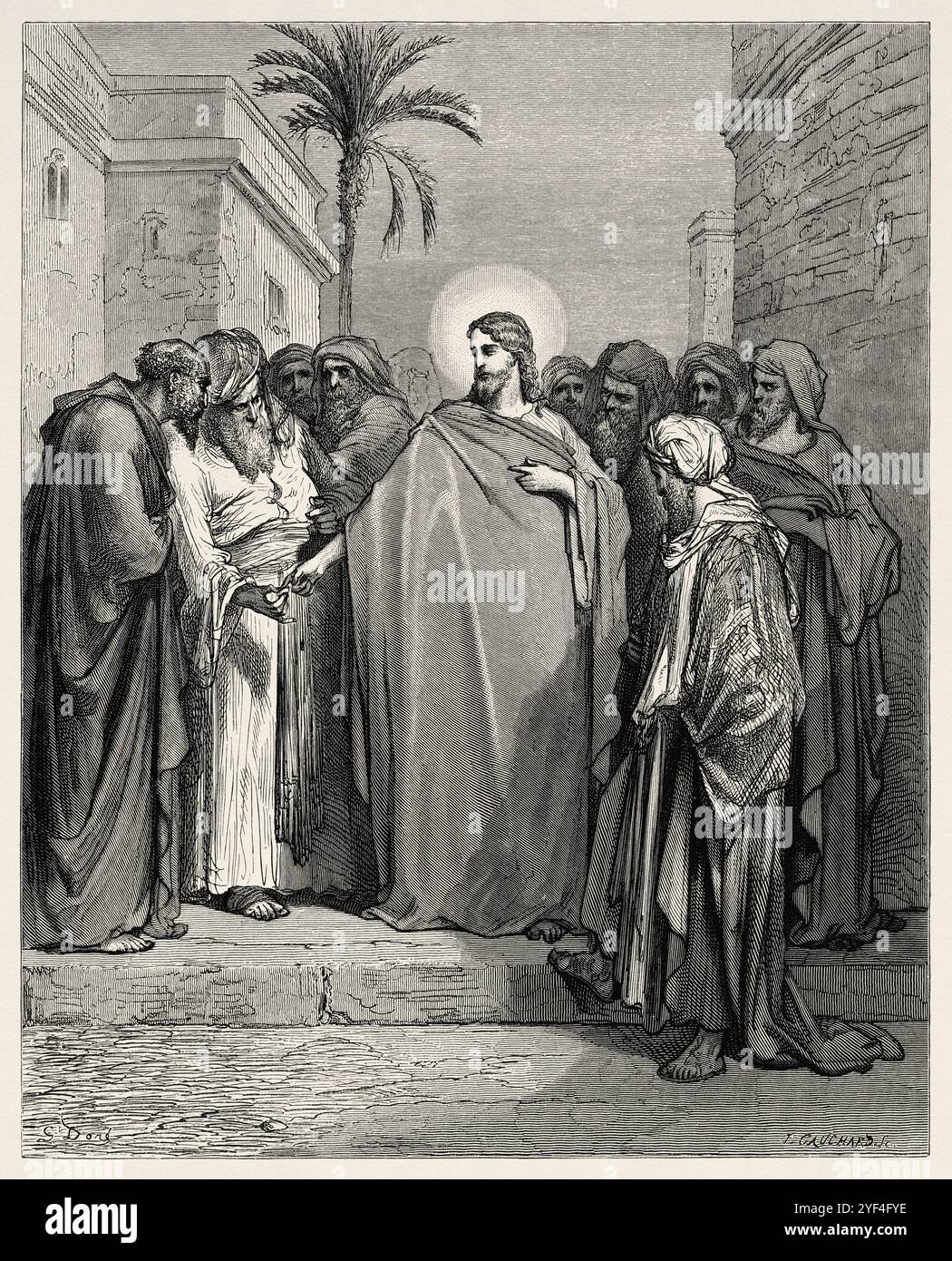 Jésus parle de l'argent du tribut et prononce la phrase donner à César ce qui est à César et à Dieu ce qui est le Nouveau Testament de Dieu ( Matthieu 22:37). Illustration biblique antique de Gustave Dore (1832-1883) Banque D'Images