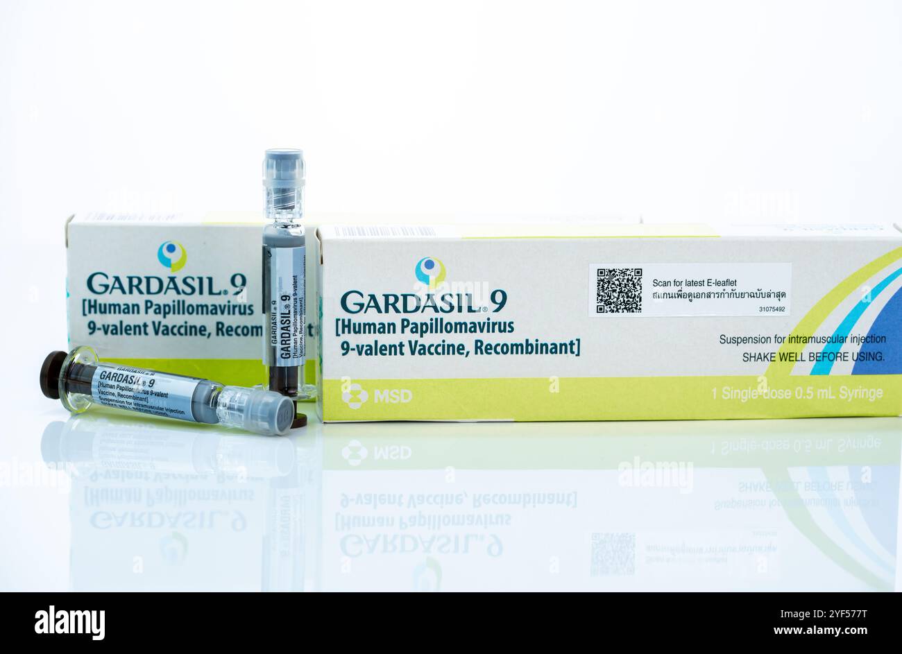 CHONBURI, THAÏLANDE-13 SEPTEMBRE 2024 : emballage du vaccin contre le VPH Gardasil 9 avec seringue préremplie. Vaccin recombinant 9-valent de MSD. Prévention Banque D'Images