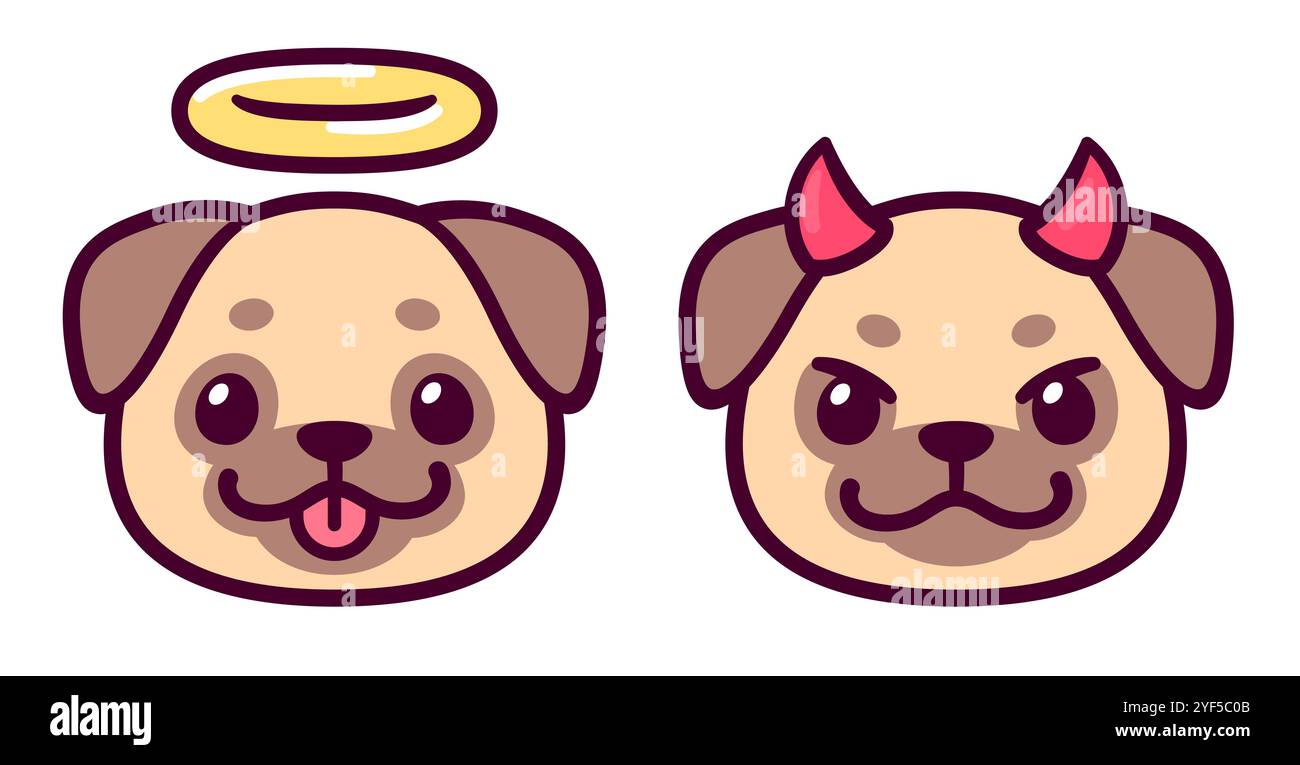 Angel et Devil Pug chien visage, dessin de dessin animé mignon. Illustration simple de style kawaii doodle. Illustration de Vecteur